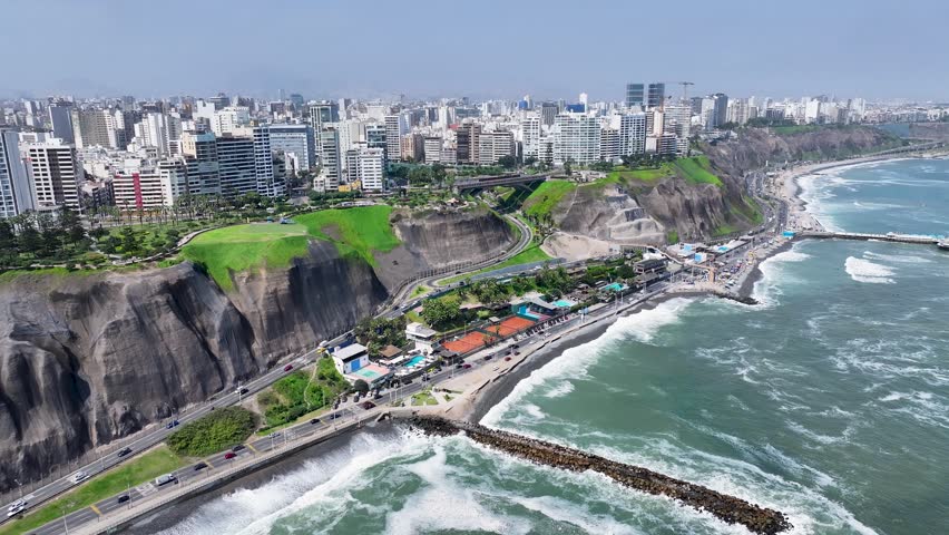 Miraflores Skyline In Lima Capital City Of Peru. Landmark District. Coast Landscape. Highrise Buildings. Miraflores Skyline In Lima Capital City Of Peru. Green Coast Landscape.