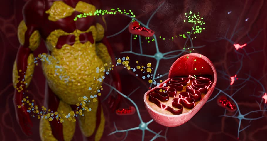 Cellular energy production in mitochondria converting fat molecules and oxygen into ATP through metabolic pathways supporting endurance, vitality, and energy supply in human cells and tissues. 3D conceptual.
