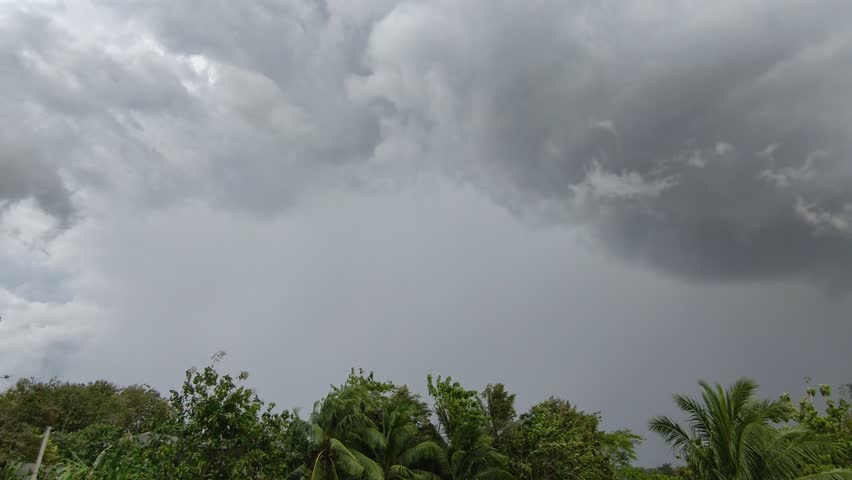 Lightning flashing through thick dark storm clouds above tropical forest trees. Natural movement of overcast sky before heavy rain