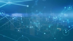HUD pulse starting bars rising and merging as camera moving, showing wireframe skyline data flow. Visualization, candlestick, cityscape, cyan, green, neon, network - Powered by Shutterstock - Get 15% off with code: PIKWIZARD15