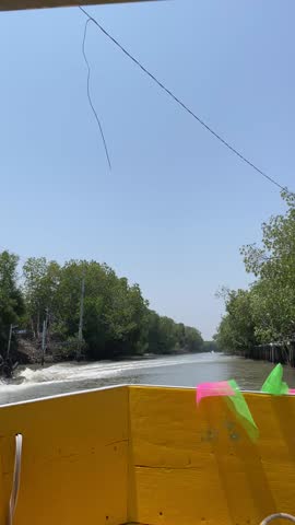 View from a long-tail boat moving along the canal, passing through a mangrove forest and several traditional Thai houses. - Water Transportation, Thai local Transportation, vertical video - Bangkok, Thailand
