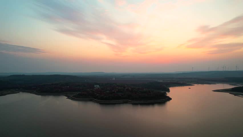 Daquan Lake Daquan Lake Sunset over Autumn Colors 4K Aerial
