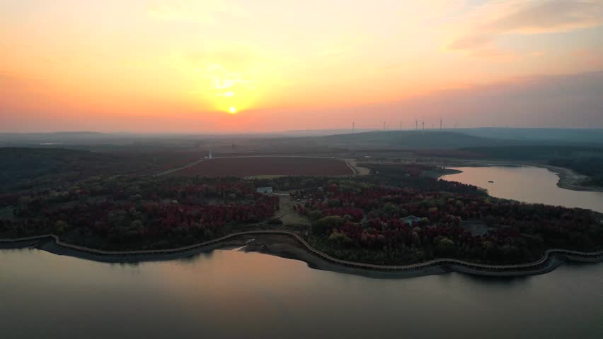 Daquan Lake Daquan Lake Sunset over Autumn Colors 4K Aerial