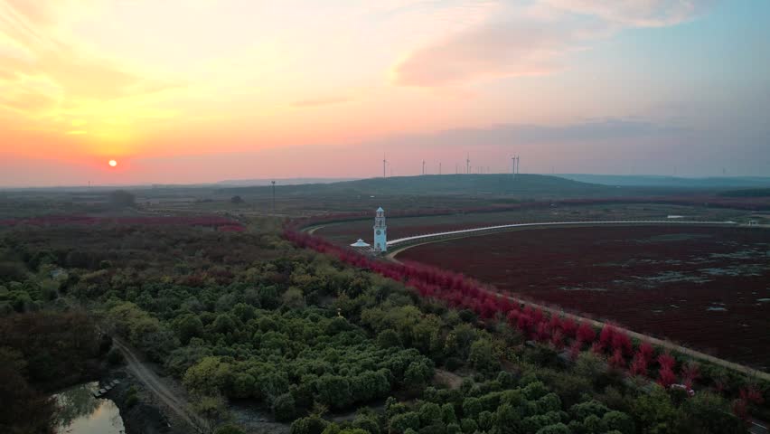 Daquan Lake Daquan Lake Sunset over Autumn Colors 4K Aerial