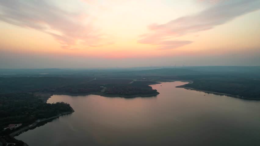 Daquan Lake Daquan Lake Sunset over Autumn Colors 4K Aerial