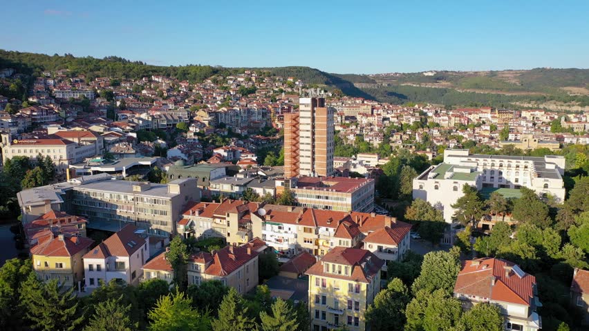 Veliko Tarnovo city in North Bulgaria, drone video with Etar Hotel, 4k