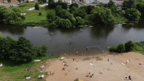 Aerial Forward Flight over Sandy Beach River in Kolomna