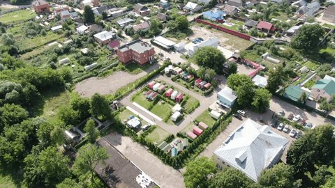 Aerial Drone View of Campsite with Small Cabins in Kolomna