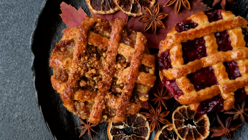 Cherry or strawberry sweet American Christmas pie or tart. American cherry pie as a food backdrop for your design