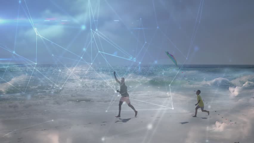 Adult man and boy running shore, launching kite for bonding, tech net overlay spanning over runners. Family, coastal, barefoot, vibrant, kinetic, network, horizon