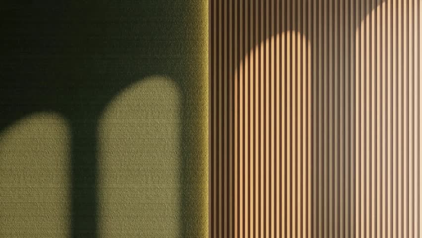 Animated timelapse of sun shadow moving across modern interior wall with wood slats and dark green stucco.
