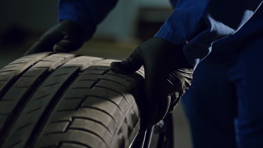 Auto mechanic in blue coveralls wearing black gloves carefully inspecting a car tire tread for wear and punctures in a dim workshop, ensuring proper maintenance, safety, and reliable vehicle