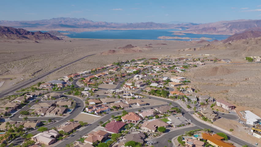 Boulder City Nevada Aerial View Pullback With Desert Homes and Lake Mead 02