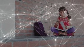Girl sitting on stair studying workbook turning pages causing school overlay grouping gauges charts. Child, reading, learning, data, visualization, network, graphs - Powered by Shutterstock - Get 15% off with code: PIKWIZARD15