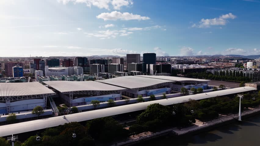 Aerial view of Parque das Nacoes skyline in Lisbon Portugal