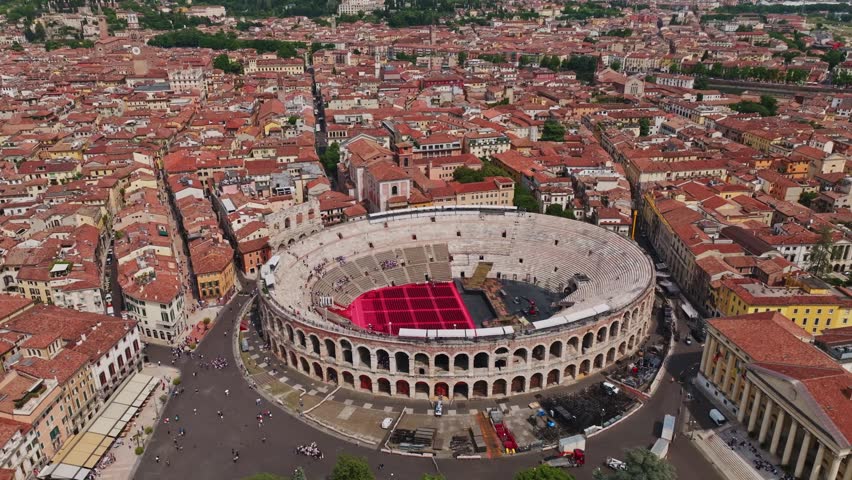 Aerial Drone View of Arena di Verona in Verona, Italy . Ancient Roman Amphitheater, Historic Landmark and Iconic Cityscape