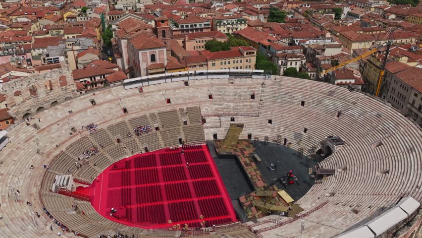 Aerial Drone View of Arena di Verona in Verona, Italy . Ancient Roman Amphitheater, Historic Landmark and Iconic Cityscape