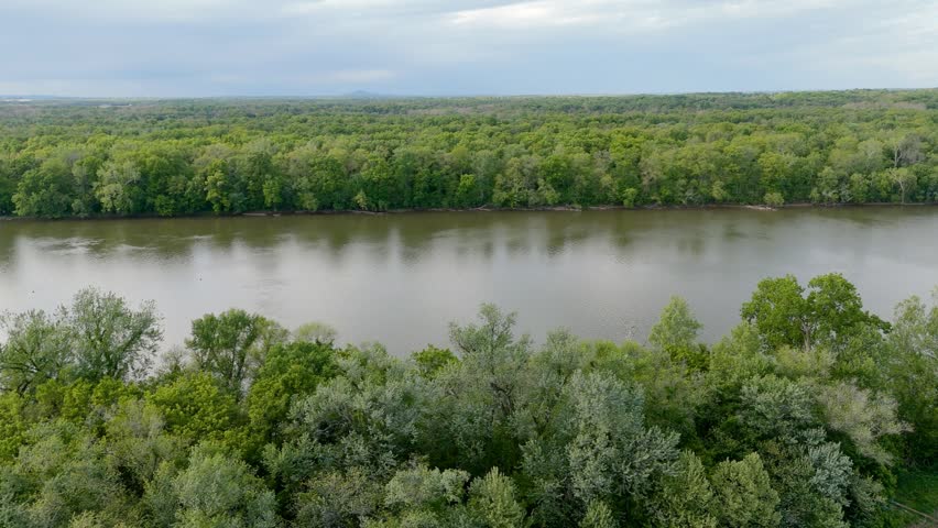 Flying over the Potomac River toward the tree-line in the Summer near sunset