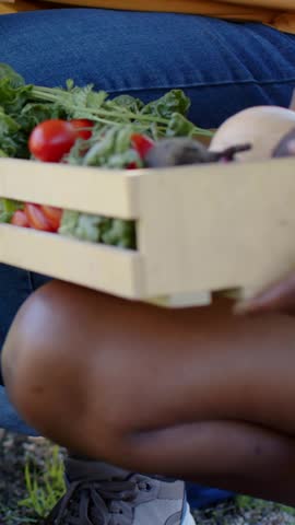 Vertical video: Adult reaching youth holding crate checking beet tapping soil AR tags aiding market. Teamwork, family, outdoor, sunny, produce, vegetables, vertical video