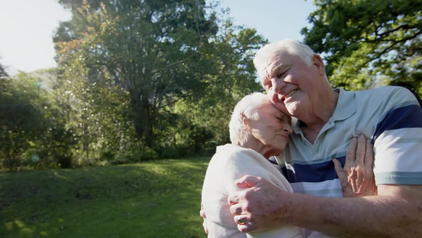 Senior couple hugging on sunlit lawn, node overlay appearing through pair, showing health bond. Partners, outdoors, park, affection, serene, sunlight, nature