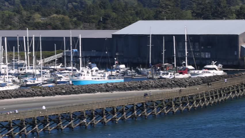 Scenic view of people fishing on a wooden pier with sailboats and yachts moored in a marina