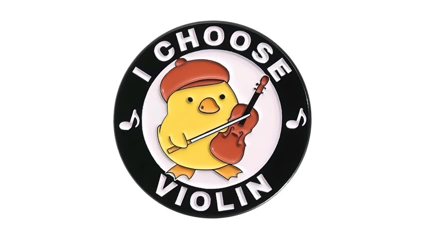 A cheerful yellow chick wearing a red beret plays a violin inside a circular logo with bold text. The design features playful typography and a whimsical musical theme, conveying a sense of creativity and artistic expression. The image is vibrant and eye-catching, ideal for themes related to music, childhood, and passion for the arts.