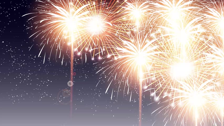Golden fireworks exploding in the dark night sky
