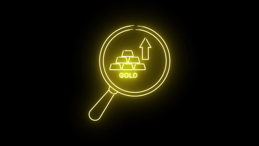Neon yellow gold bars and up arrow inside a magnifying glass on a black background