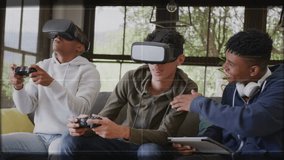 Center teen in VR holding controller on couch right pal tapping shoulder HUD charts guiding gaming. Friends, youth, group, virtual, headset, interaction, lounge - Powered by Shutterstock - Get 15% off with code: PIKWIZARD15