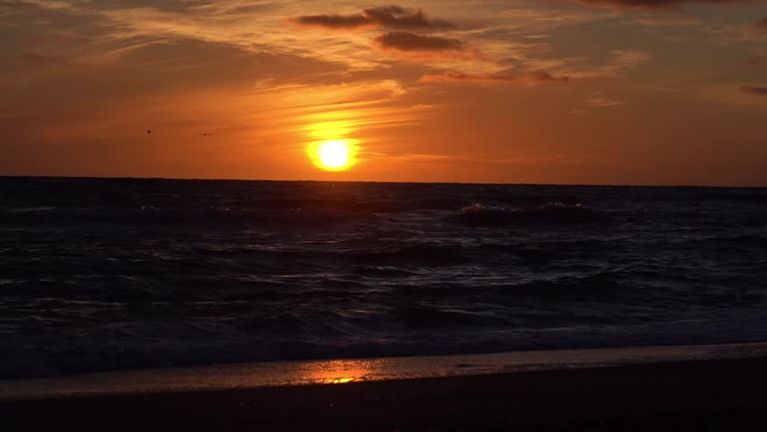 Striking footage of a fiery red and orange sunset over the North Sea near Billund, Jutland, Denmark. The sun sits right at the horizon casting a deep amber glow across the dark churning waves. Seagulls silhouette against the vivid orange sky and sunlight reflects on the wet sand as a wave breaks on the shore. An intensely dramatic and atmospheric coastal evening scene.