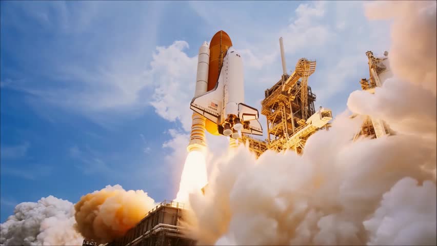 Powerful Space Shuttle Rocket Launch into Space from Launch Pad, with Intense Flame and Smoke Trail