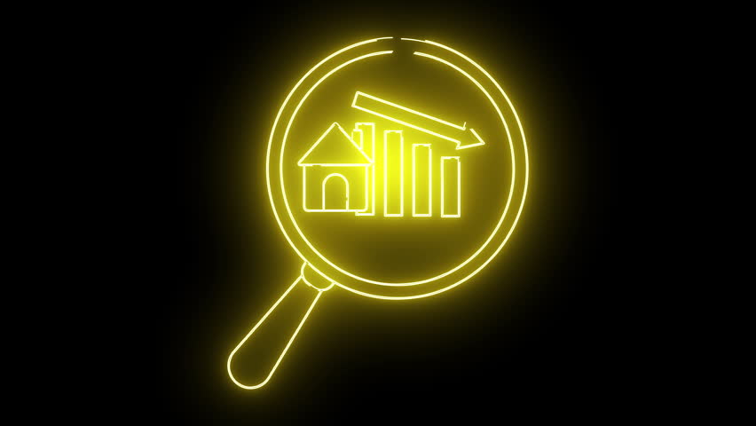 A yellow neon icon shows a magnifying glass examining a house chart bars and a downward arrow