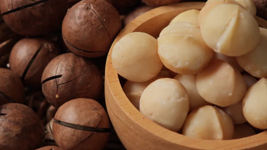 Macadamia nuts in a wood bowl