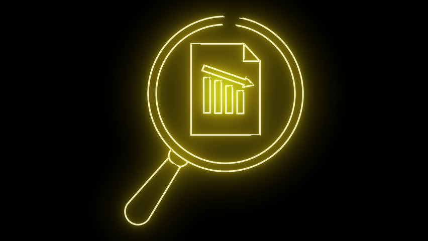 Illuminated yellow outline of a magnifying glass over a document with a falling bar chart