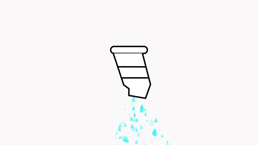 A stylized white outline of a disposable coffee cup with a broken or leaking bottom, from which numerous small turquoise water droplets are falling onto a plain white background, suggesting a spill