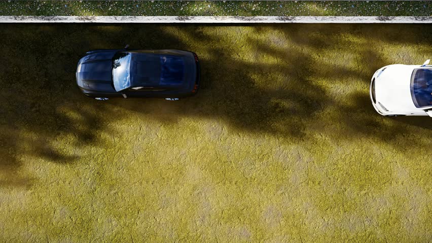 Top View Cars Driving on Weathered Asphalt Road with Cracks and Algae Texture, 4K Urban Decay Background 3D Animation.