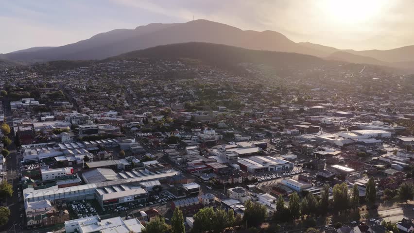 Hovering panorama of City of Hobart skyline Mt Wellington in Tasmania, Australia.
