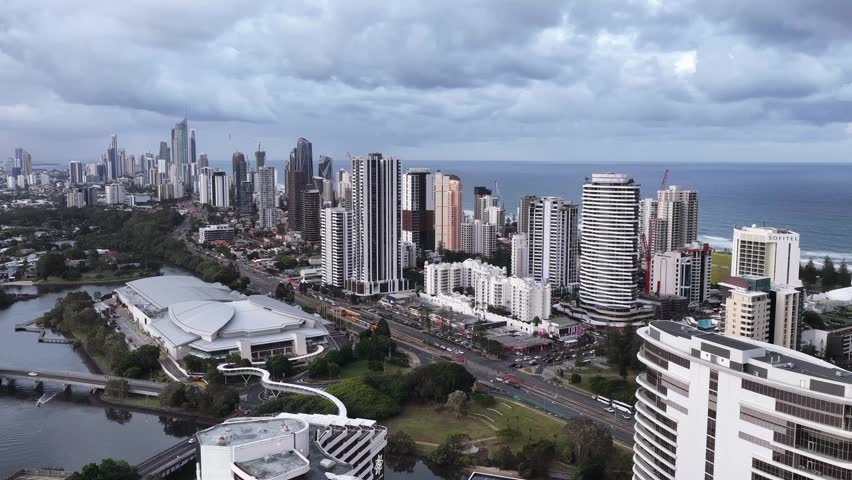 Landing over Gold Coast Surfers paradise waterfront high-rise towers in Queensland.