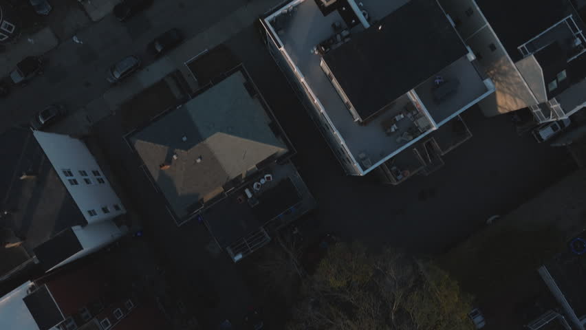Aerial view of homes in Dorchester, Boston at sunrise. Shot on a spring morning.