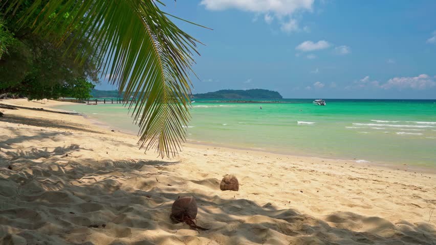 Thailand tropical island with a paradise white sand beach and coconut trees. Blue ocean off the sandy coast on a sunny summer day. Summer vacation and tropical beach concept.