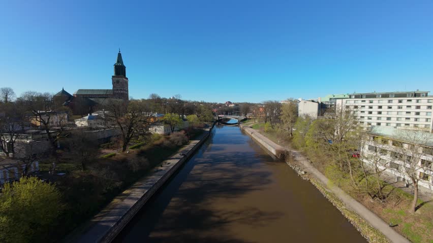Aerial 4K: Spring Morning Flight Over Aura River (Aurajoki) in Turku City Center, Finland