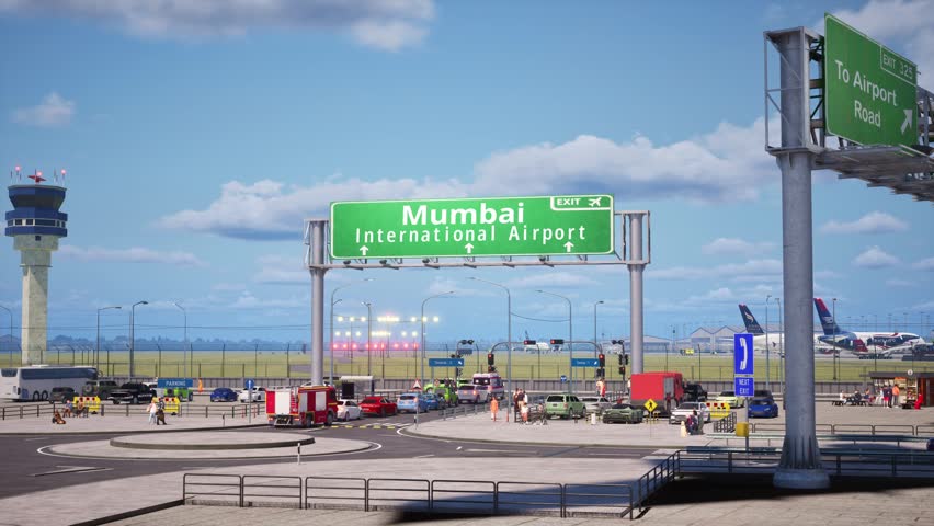 Mumbai International Airport Entrance Road with Airplane Landing, Flight Land in Bombay Busy Traffic Road, Runway Lights And Highway signboard, Maharashtra Metro City Terminal, Plane Arrival, Arriving