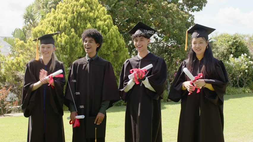 Grads stepping in starting cheers, clapping, waving diplomas while HUD overlaying education charts. Graduates, gowns, mortarboard, tassels, celebration, outdoor, lawn