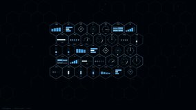 A complex futuristic heads-up display features a central cluster of hexagonal modules against a dark geometric background. The interface displays real-time telemetry including fuel levels, life support, navigation, and weapon systems through animated bars, rotating needles, and shifting numerical data. The cyan and blue color palette creates a high-tech, tactical atmosphere. Subtle motion across the honeycomb grid enhances the technological feel. This visual is ideal for representing advanced sp - Powered by Shutterstock - Get 15% off with code: PIKWIZARD15