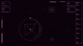 A high-tech neon pink HUD interface featuring a dark hexagonal grid background. The display shows dynamic telemetry including target distance, sublight speed, fuel levels, and weapon status. A central geometric reticle rotates alongside a compass-like navigation tool. The composition is balanced with various gauges and data readouts updating in real-time, creating a sophisticated technological atmosphere. Suitable for science fiction cinematic projects and futuristic user interface design. - Powered by Shutterstock - Get 15% off with code: PIKWIZARD15