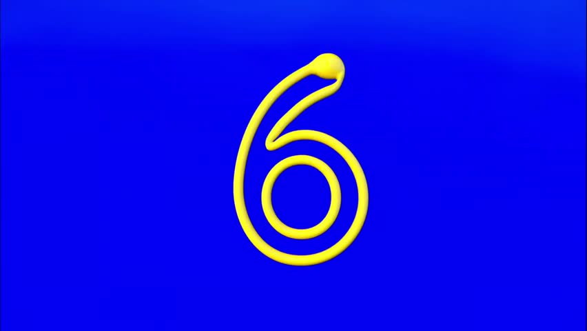 Yellow number six animated snake shape on blue background