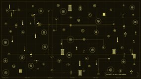 A complex golden industrial telemetry interface displays real-time data for a boiler system. The screen features a grid layout populated with mechanical icons like gears, springs, and thermometers connected by a network of pipes. Digital readouts at the bottom track RPM, PSI, temperature, and voltage. The aesthetic blends futuristic UI design with steampunk mechanical elements against a dark background. Subtle animations of the dials and moving parts create a sophisticated technological atmosphe - Powered by Shutterstock - Get 15% off with code: PIKWIZARD15
