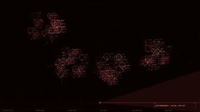 This high-tech HUD interface features a deep red palette on a dark background, simulating a futuristic tactical radar screen. A central scanning line sweeps across the display, highlighting various geometric icons, identification numbers, and tracking telemetry. The screen is filled with dense data visualisations including locked targets, tracked contacts, and fleet engagement status. The composition is complex and detailed, evoking a sense of military precision. Suitable for science fiction fil - Powered by Shutterstock - Get 15% off with code: PIKWIZARD15