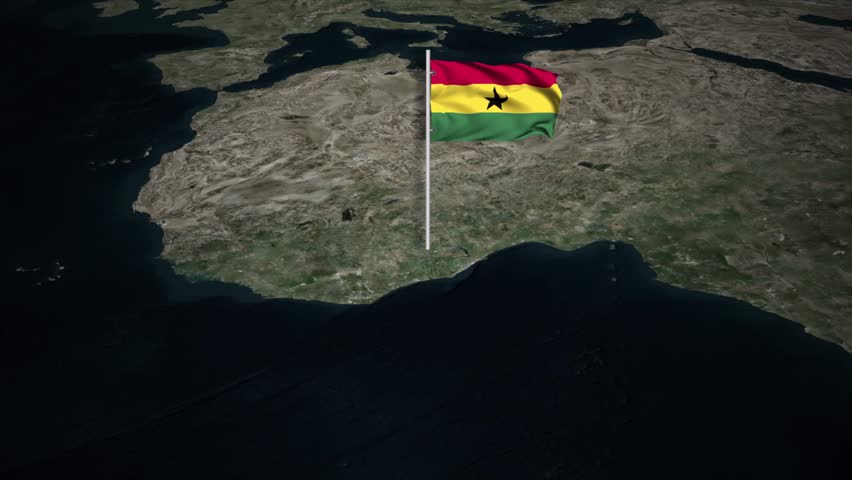 3D satellite view of West Africa featuring the illuminated border outline of Ghana with the national flag waving on a flagpole. Ideal for news, documentaries, and educational content.