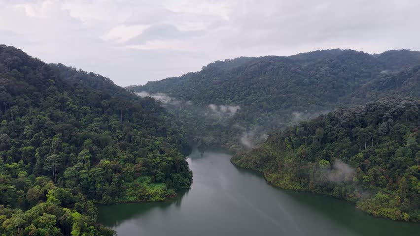 Drone footage shows Ayer Itam dam reservoir surrounded by tropical rainforest and mist.